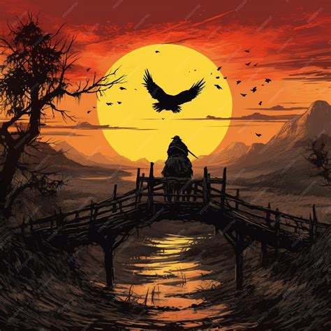 Premium AI Image | A digital painting of a man on a bridge with a bird
