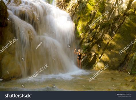 Woman Black Bikini Under Waterfall Erawan Stock Photo 1425229295