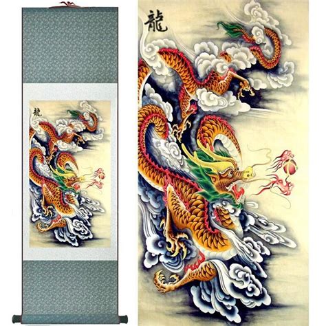 Chinese Red Dragon Painting Silk Scroll