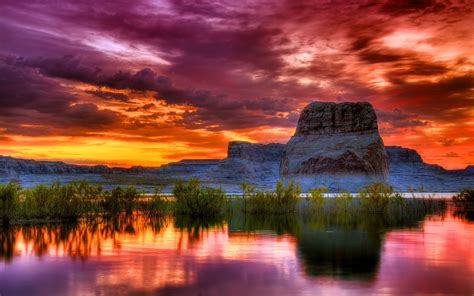 Arizona Sunset Scenery Lake Rocky Mountains Orange Clouds