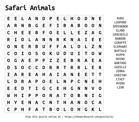 Download Word Search On Safari Animals