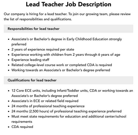 Lead Teacher Job Description Velvet Jobs