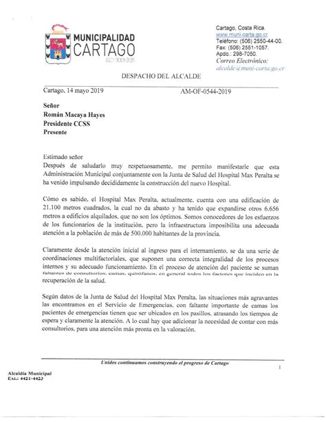 Carta De Alcalde Cartaginés A Presidente Ejecutivo De Ccss By Nacion2