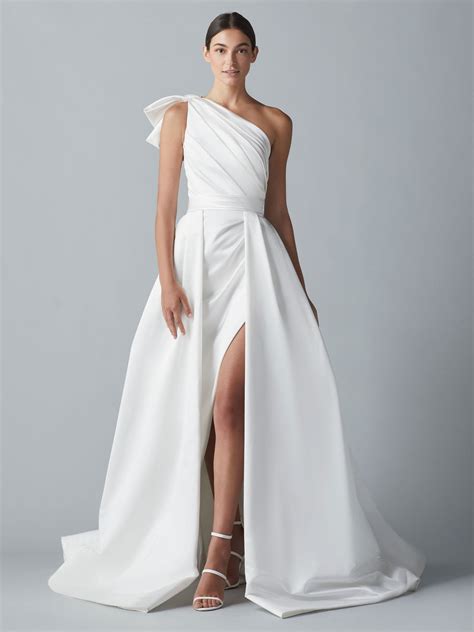 white wedding dress one shoulder sleeveless satin fabric bows with train long bridal dresses