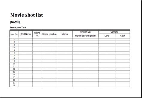 Movie Shot List Template For MS EXCEL Excel Templates