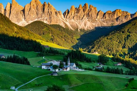 Evening Light In Funes Valley Or Val Di Funes With The Odle Peak In The