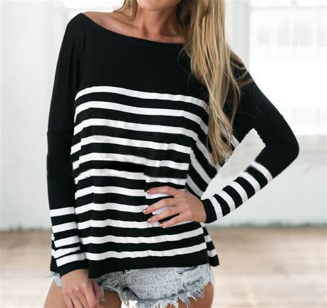 Sexy Round Collar Stripe Bat Sleeve T Shirt On Luulla