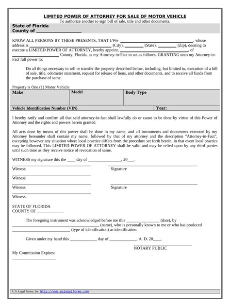 Power Of Attorney For Sale Of Motor Vehicle Florida Form Fill Out And