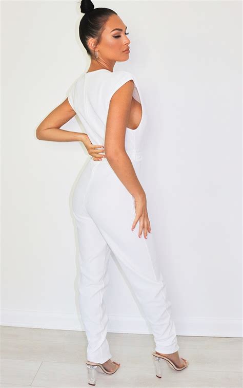 White Thick Zip Shoulder Pad Sleeveless Jumpsuit Prettylittlething