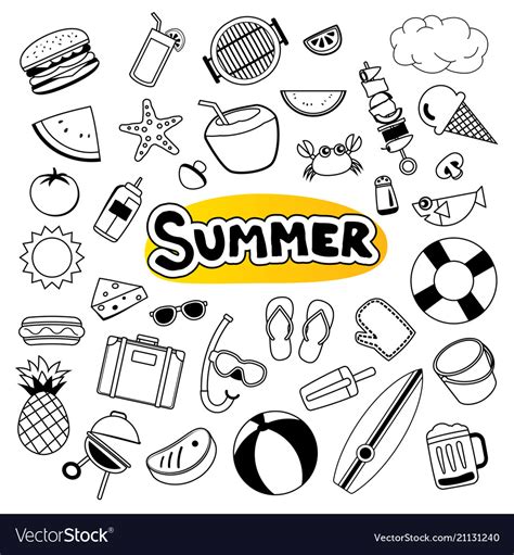 Summer Objects Set Sticker Icon In Doodle Design Vector Image