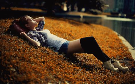 Lying On Back Women Outdoors Plaid Closed Eyes Jean Shorts Women Grass Wallpapers Hd