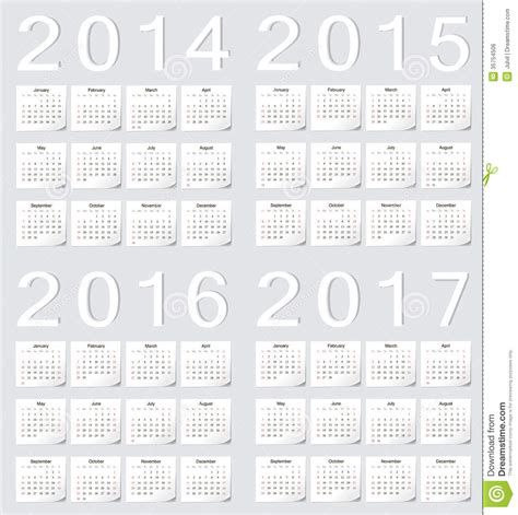 Set Of European 2014 2015 2016 2017 Calendars Stock Vector