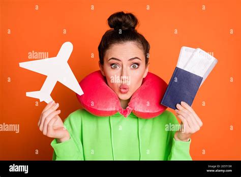 Photo Of Funny Lady Dressed Green Sweatshirt Neck Pillow Lips Pouted