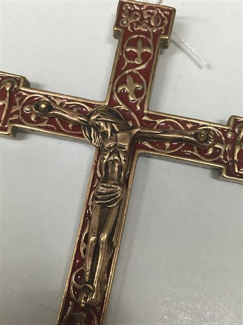 Religious Bronze Art Crucifix Cross In Glazed Enamelled Bronze Red