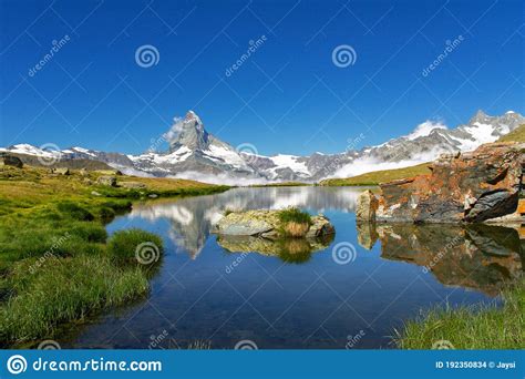 Beautiful Swiss Alps Landscape With Stellisee Lake And Matterhorn
