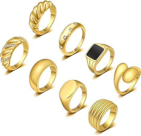 Wfyou 8pcs 18k Gold Plated Chunky Rings For Women Girls Thick Dome