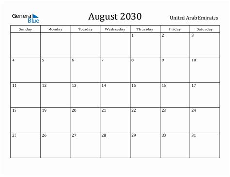August 2030 Monthly Calendar With United Arab Emirates Holidays