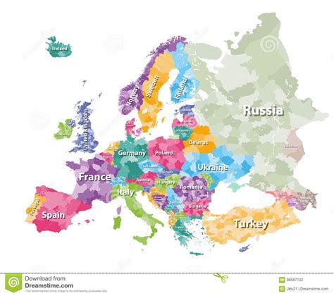 Colored Political Map Of Europe With Countries Regions