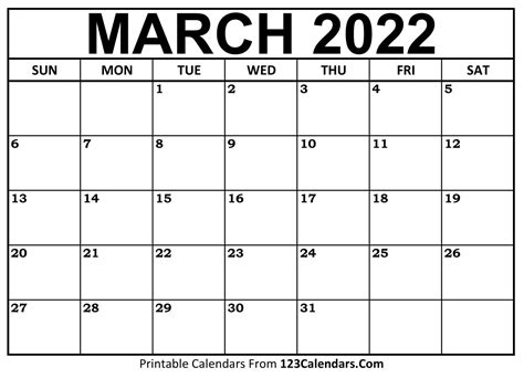 Printable March 2022 Calendar Templates