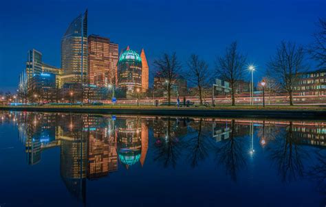 Wallpaper Trees Reflection Building Channel Netherlands Night City
