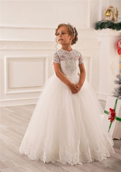 Romantic Ivory Crystal Lace Flower Girl Dress For Weddings