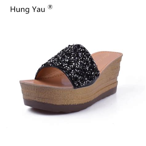Hung Yau Women Slope Heel Thick Bottom Creepers Sequins Female Slippers Wedges Summer Style