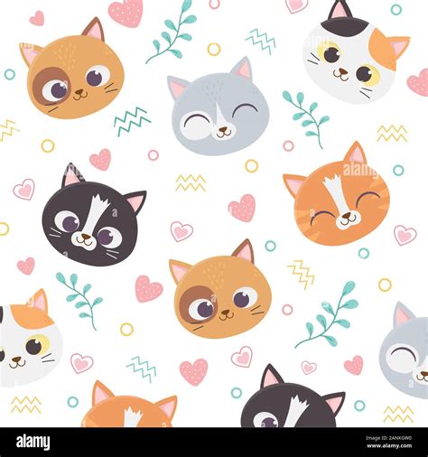 Cute Pet Cats Face Hearts Love Foliage Cartoon Background Vector