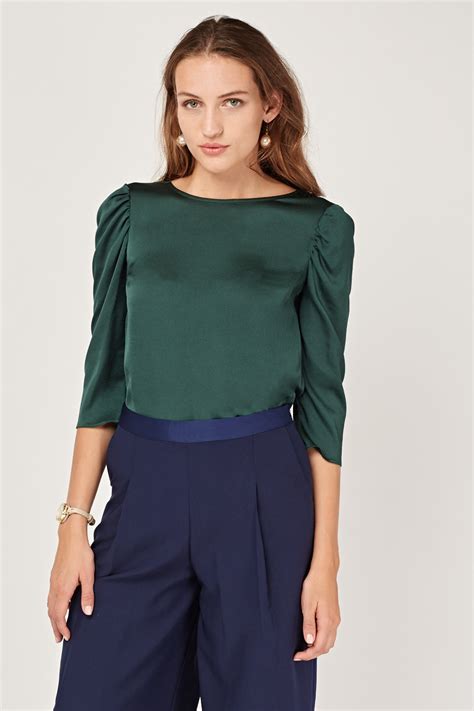 Ruched Sleeve Dark Green Blouse Just 7