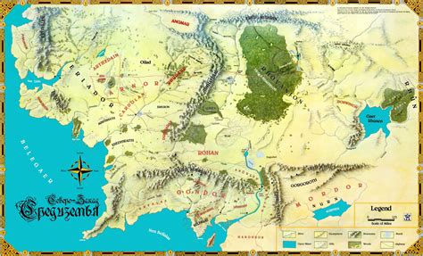 A Map Of The Middle Earth With Lots Of Land And Water In It