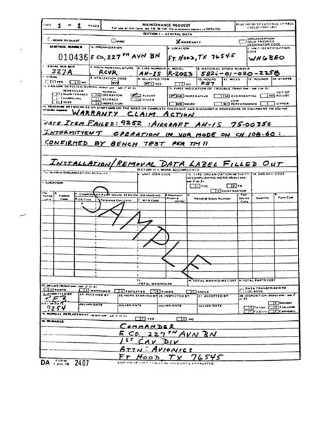 Da Form 2407 Fillable Pdf Printable Forms Free Online