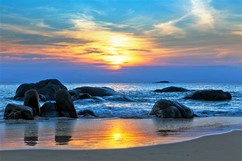 Coast Stones Sky Sunrise Sunset Scenery Sea Ocean Beach Waves Wallpapers Hd Desktop