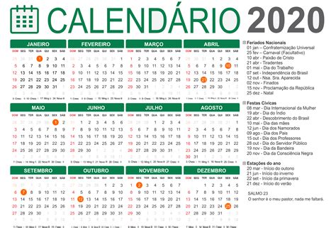 Grátis Calendário 2020 Com Datas De Feriados Nacionais