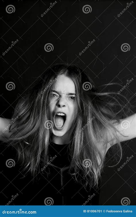 Beautiful Girl With Long Hair Yells Black Stock Image Image Of