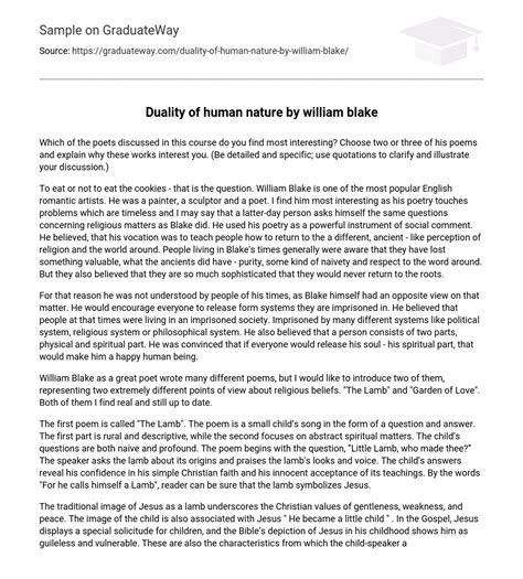⇉duality Of Human Nature By William Blake Essay Example Graduateway