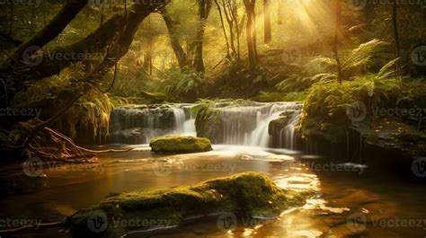 Landscape Of Beautiful Misty Waterfall Hidden In The Deep Jungle And