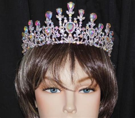 Ab Iridescent Rhinestone Crystal Beauty Queen Large Tiara Crown Bridal Pageant Large Tiaras