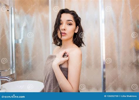 Beautiful Woman After Shower In Towel Looking At Camera Stock Photo Image Of Clean Fashion