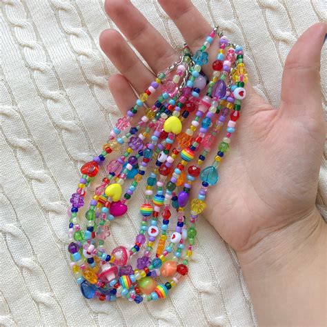 Y2k Beaded Necklace Mismatched Beaded Necklace Funky Rainbow Etsy