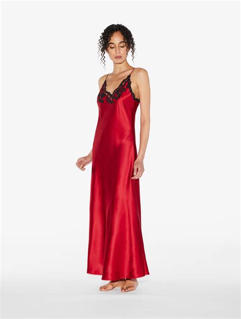 Luxury Silk Long Nightgown In Red With Frastaglio La Perla