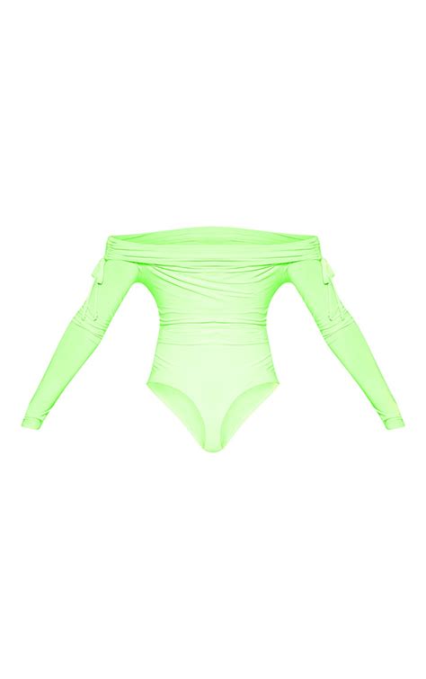 Tall Lime Green Slinky Ruched Bardot Bodysuit Prettylittlething