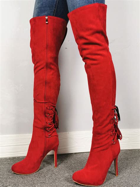 Sorbern Red Flock Stiletto Boots Crotch Thigh High Open Front Lace Up Thigh Strap Pointed Toe