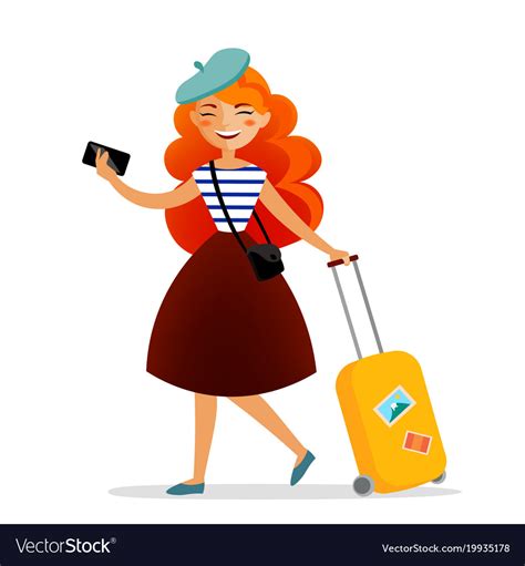Girl Traveler With A Suitcase Bag And Phone Vector Image