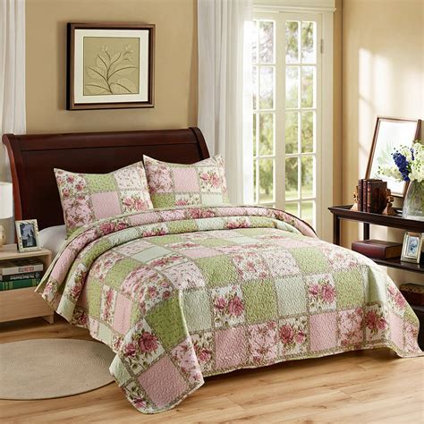 Pink Green Flowers Printed 3 Piece Quilt Bedding Set Fullqueen Size
