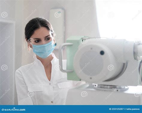 Clinic Radiology Room Beautiful Multiethnic Woman Adjusting X Ray