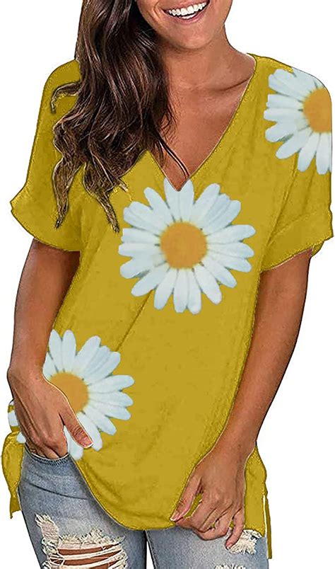 Amazon Com Daisy Print T Shirt For Women Plus Size V Neck Tops Summer