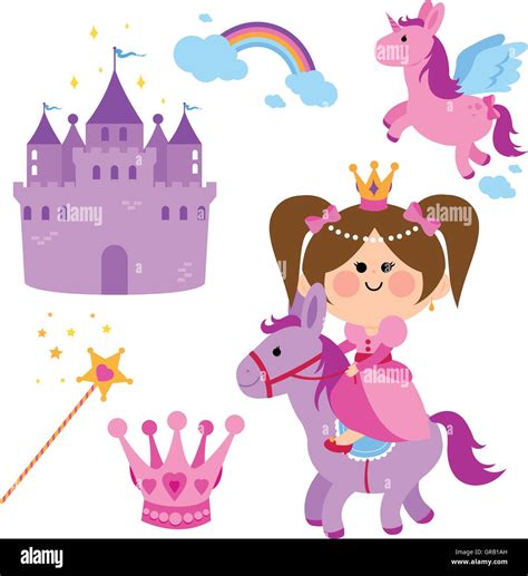 Pretty Fairy Princess Riding A Horse A Castle Unicorn Rainbow Crown