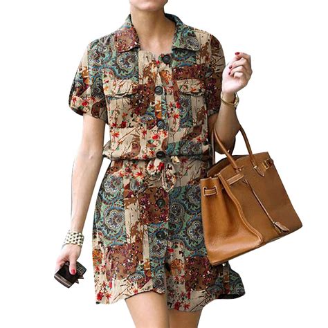 Zanzea Women Vintage Lapel Collar Short Sleeves Floral Printed Dresses