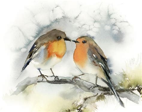 Impression D Art Mural De Peinture De Deux Oiseaux Robin Etsy France Watercolor Bird Love