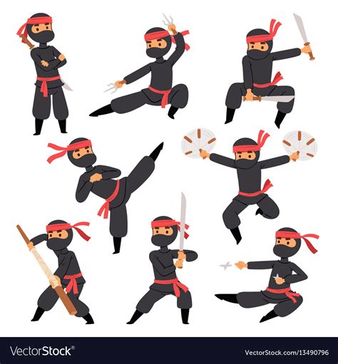 Different Poses Of Ninja Fighter In Black Cloth Vector Image