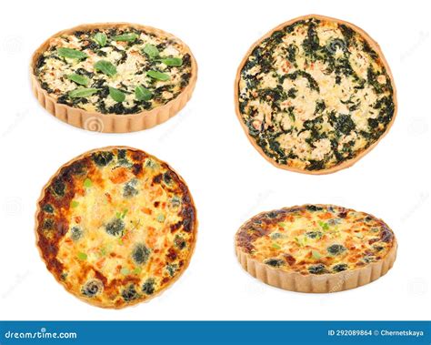 Different Tasty Quiches Isolated On White Collage With Side And Top